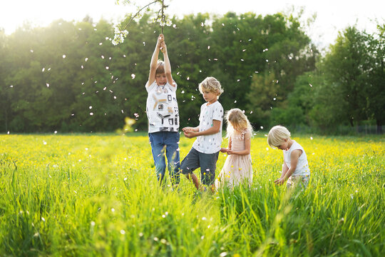Girl playing with brothers under flowering apple tree at field