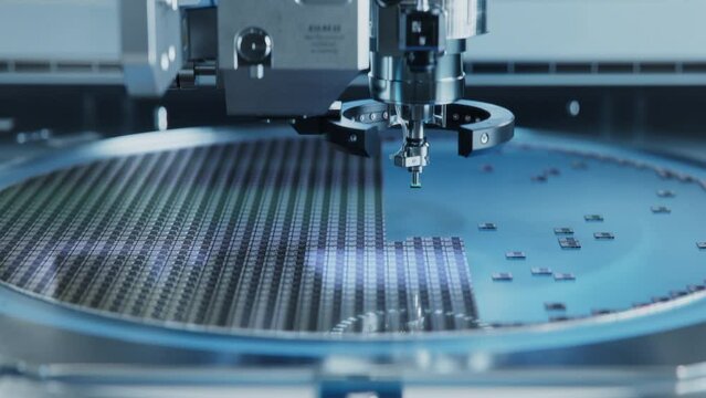 Semiconductor Packaging Process. Close-up of Silicon Die are being Extracted from Semiconductor Wafer and Attached to Substrate by Pick and Place Machine. Computer Chip Manufacturing at Fab.