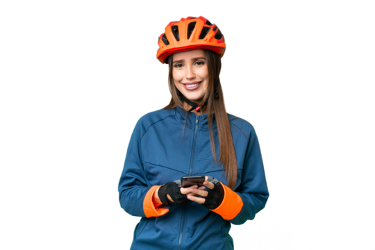 Young cyclist woman over isolated chroma key background sending a message with the mobile