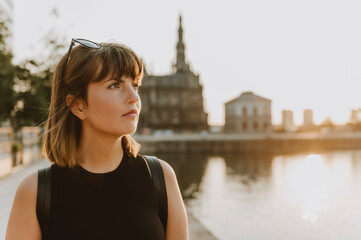 Tourist woman walking at the Willem Dock Marina, Antwerp
