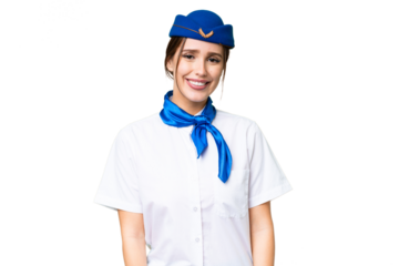 Airplane stewardess over isolated chroma key background laughing