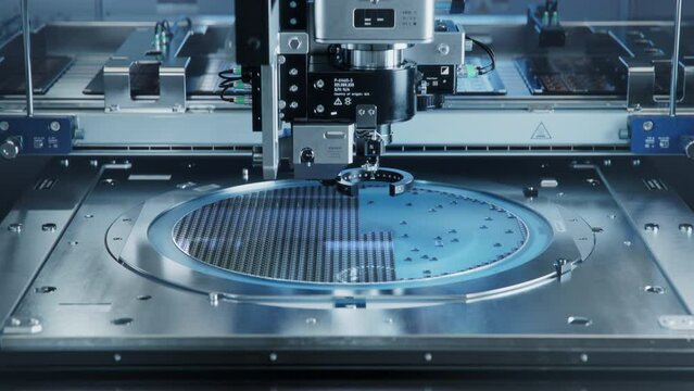 Semiconductor Packaging Process. Computer Chips, Silicon Die are being Extracted by a Pick and Place Machine from Semiconductor Wafer and Attached to Substrate. Computer Chip Manufacturing at Factory.