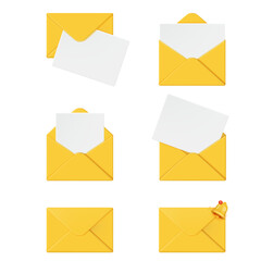 Set of Yellow envelopes with letter, notification bell, isolated on white background.