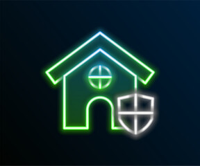 Glowing neon line House with shield icon isolated on black background. Insurance concept. Security, safety, protection, protect concept. Colorful outline concept. Vector