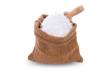 sea salt in jute sack on white background