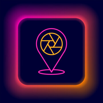 Glowing neon line Camera shutter icon isolated on black background. Colorful outline concept. Vector