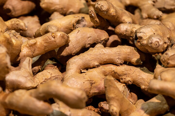 Ginger root in the supermarket close-up, food background.