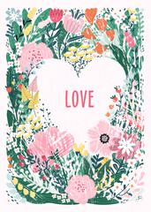 Valentine's Day February 14. Big pink heart in floral frame. Symbol of love against a background of different flowers. Hand drawn vector illustration for postcard, card, congratulations and poster.