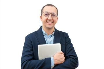 Young business man, with a laptop in his hands, looks at the camera on a white background.