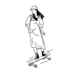 Young woman riding skateboard outdoor Sport Hand drawn line art illustration