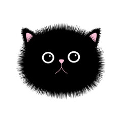 Black fluffu fur cat face head silhouette icon. Funny kawaii doodle animal. Cute cartoon funny baby pet character. Sticker print. Flat design. White background. Isolated.