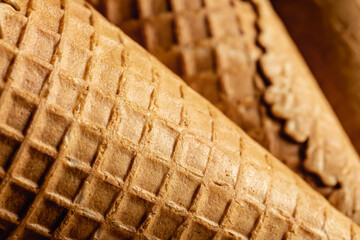 Ice cream cone close-up, waffle cone texture.