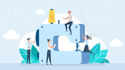 Tiny People Sew on a Sewing Machine. Dressmakers Create Outfit and Apparel on Sewing Machine, Fashion Design Concept, Creative Atelier, Tailor Textile Craft Business. Flat Design. Vector Illustration