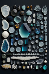 Crystal stones set on black background. Gemstones and crystals on dark background. Background of healing minerals. Generative AI