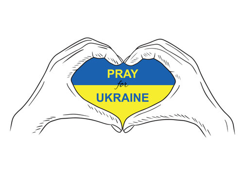 Pray for Ukraine. Two hands in heart shape with ukrainian blue yellow flag inside. Hand drawn vector sketch illustration in engraving doodle outline vintage line art style. Support, supply, help.