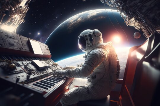 astronaut playing piano in space made with generative ai