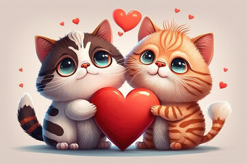 Fototapeta premium A couple of happy kittens loving each other. Adorable cat hugs for Valentine's Day. Illustration.