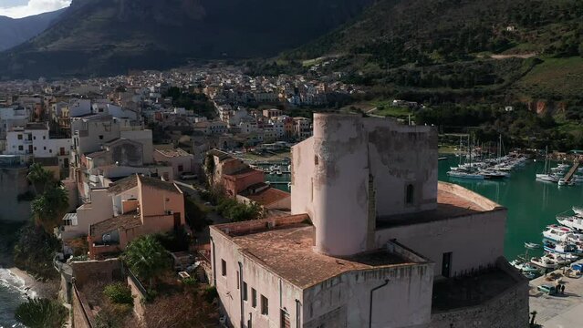 Aerial Parallax Shot Around Castello Arabo Normanno Located Beside Castellammare Del Golfo Port