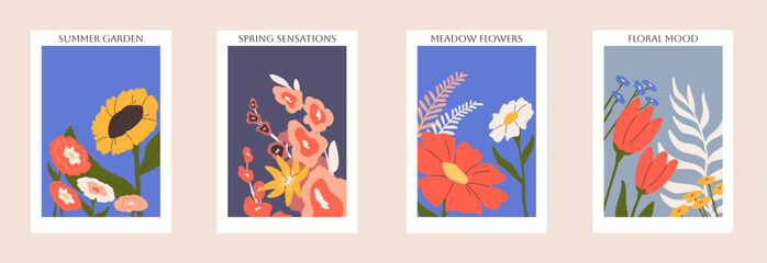 Fototapeta na wymiar Floral cards set. Interior posters with flowers. Spring plants, wall arts with blooms. Vertical botanical backgrounds with bouquets, frames in modern style. Stylish wallarts. Flat vector illustrations