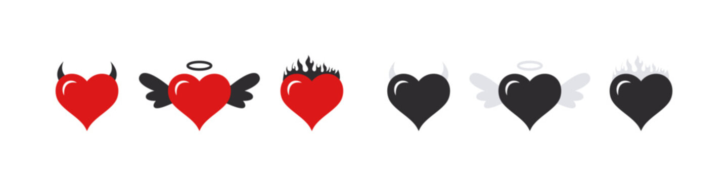 Hearts icons. Hearts with wings, horns and fire. Symbols of love. Emoticons hearts. Vector images