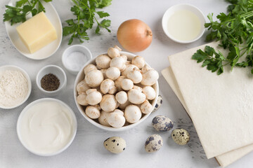 Ingredients for making a delicious homemade mushroom pie: mushrooms, puff pastry, sour cream, eggs, onions, parsley, cheese, flour, salt and pepper on a light blue background,