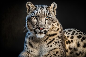 Fototapeta na wymiar close up of a snow leopard on a black background. generative ai.