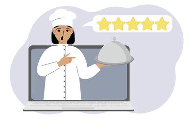 A site with reviews of online grocery shopping through a laptop or ordering fast food delivery. The cook holds a tray with a lid or a plate with a lid.