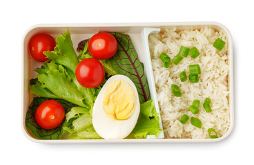 Healthy food delivery in take away box isolated on white background