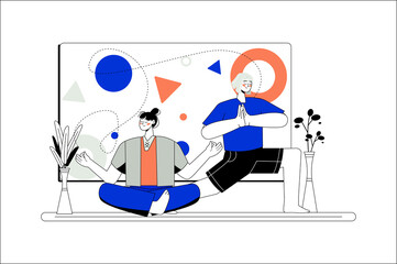Line concept Yoga with people scene in the flat cartoon style. Two girls do yoga exercises at home.