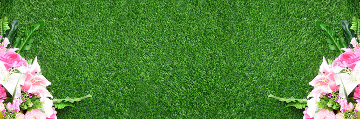 Fototapeta na wymiar A bouquet of colorful flowers on the green grass Main with different flowers. Can be used as background and advertising text