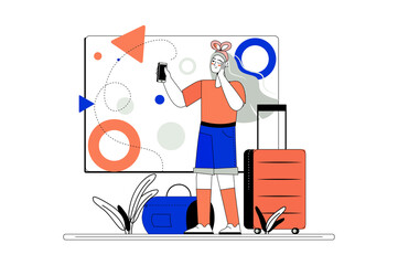 Line concept Travel with people scene in the flat cartoon style. Girl with a suitcase is going on an interesting trip to the countries of the world.