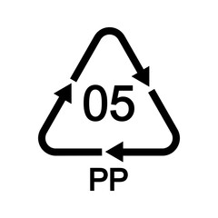Polypropylene recycling sign in triangular shape with arrows. 05 PP plastic reusable icon isolated on white background. Environmental protection concept