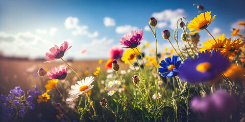 Fototapeta na wymiar summer meadow flowers close-up against a blue sky with clouds in rays of sunlight on nature in spring, panoramic view. Growing blossoming summer meadow, soft focus, copy space