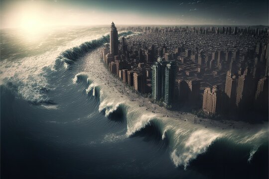 3d illustration of a tsunami hitting a city