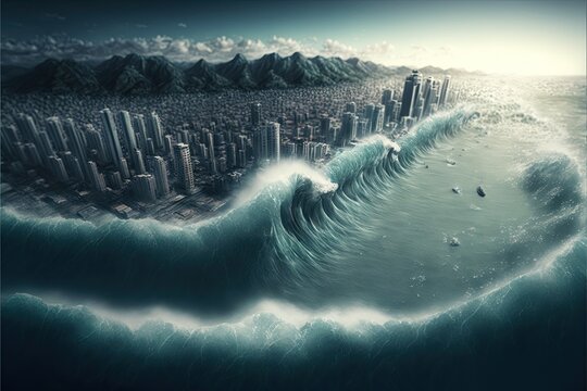 3d illustration of a tsunami hitting a city