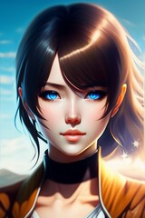 a girl with blue eyes, short hair, cute, baby face generated by ai