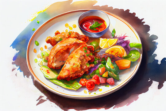 Golden fried chicken served with a side of fresh vegetables, ai illustration. Celebrate your love for good food with this charming and delicious piece