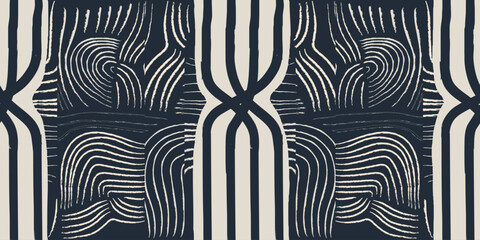 Hand drawn ethnic style abstract striped print. Line art black and white illustrations. Modern vector template for design. 