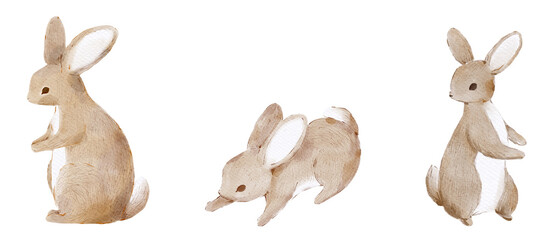 Set of white watercolour cute rabbits. 
