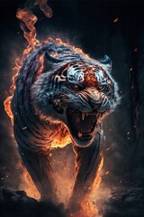 Fototapeta na wymiar tiger with fire coming out of its mouth. generative ai.