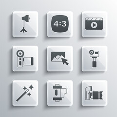 Set Camera film roll cartridge, Photo camera, Action extreme, retouching, Cinema, Studio light bulb softbox and Movie clapper icon. Vector