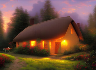 Cozy thatched cottage in the woods. Windows glow softly in the dusk. Amazing fantasy landscape. Digital illustration. CG Artwork Background