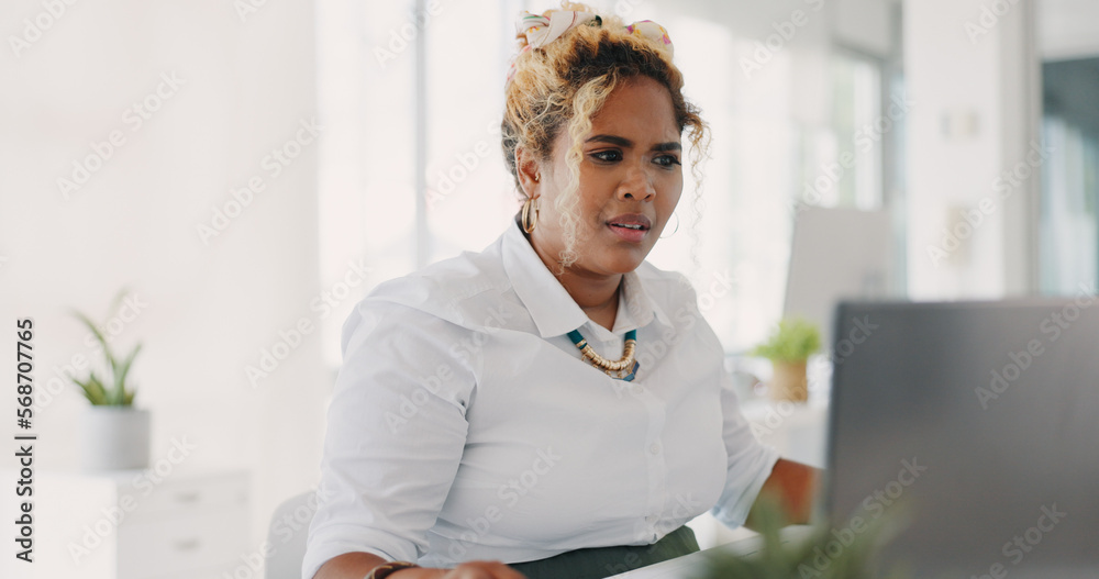 Wall mural confused, error and business woman on laptop in office with information technology, 404 and problem 