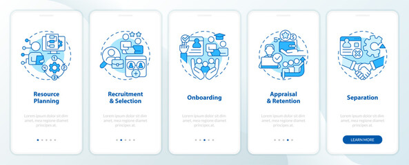 Fototapeta na wymiar IT staffing process blue onboarding mobile app screen. Recruitment walkthrough 5 steps editable graphic instructions with linear concepts. UI, UX, GUI template. Myriad Pro-Bold, Regular fonts used