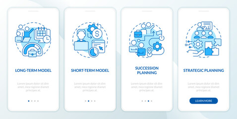 Fototapeta na wymiar IT staffing models blue onboarding mobile app screen. Hiring walkthrough 4 steps editable graphic instructions with linear concepts. UI, UX, GUI template. Myriad Pro-Bold, Regular fonts used