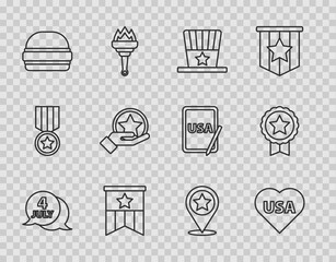Set line USA Independence day, Patriotic American top hat, flag, Burger, and Medal with star icon. Vector