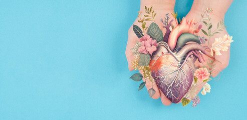 Hands holding human heart with flowers, love and emotion concept, good hearted person, help and charity, generative AI used for heart - obrazy, fototapety, plakaty