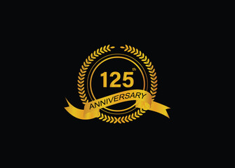 125th golden anniversary logo with ring and ribbon, laurel wreath vector design isolated on black background.