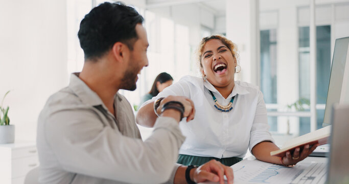Teamwork partnership, computer and team fist bump for economy, finance investment or stock market success. Collaboration, happy man and black woman celebrate bitcoin crypto, nft or forex trading goal