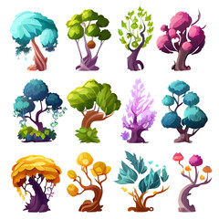 vector set illustration in cartoon style of magical mystical tree
